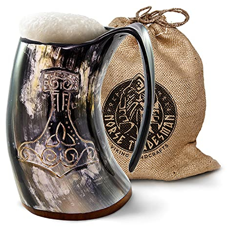 Norse Tradesman XL Viking Drinking Horn Mug - 100% Authentic Beer Horn Tankard with Thor's Hammer Engraving | The Mjolnir, High Polish, Approx. 2 Pints