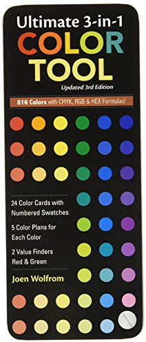 Ultimate 3-in-1 Color Tool 3rd Edition: • 24 Color Cards with Numbered Swatches • 5 Color Plans for Each Color • 2 Value Finders Red & Green • 816 Colors with Cmyk, Rgb & Hex Formula