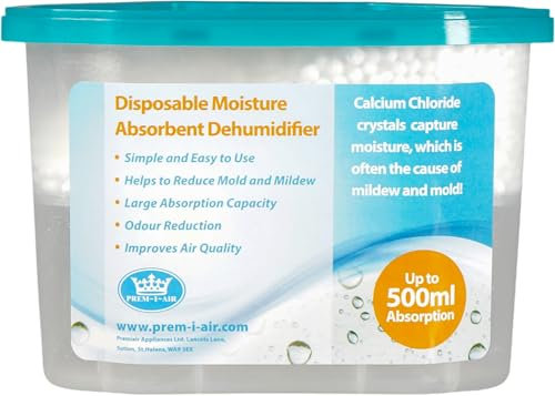 Prem-I-Air Desiccant Moisture Absorber Controller Drying Dehumidifier Reduces Damp, Humidity & Condensation in Wardrobes, Cupboards, Home, Kitchen, Bedroom, Caravan, Office, Basement 500ml Absorption