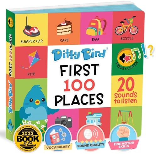 Ditty Bird Bücher: 100 Orte, 100 Wörter zum Lernen, Pappbücher für Kleinkinder 1-3, interaktive Bücher mit tollen Bildern und robusten Babysounds.