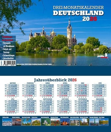 Drei-Monatskalender Deutschland 2026: Praktischer Monatsplaner mit umfassendem deutschen Kalendarium mit Mondphasen, Fest- und Feiertagen