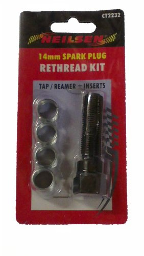 Neilsen CT2232 14mm Spark Plug Re-Thread Set – Includes Tap and 4 Inserts (3/8in, 7/16in, 1/2in, 3/4in) – Cleans and Rethreads Spark Plug Ports