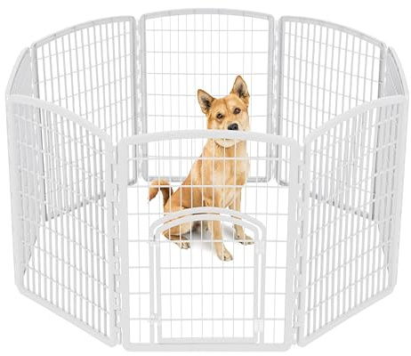 IRIS USA 34 Exercise 8-Panel Pet Playpen with Door, Dog Playpen, Puppy Playpen, Small Medium Large Dogs, Keep Pets Secure, Easy Assemble, Rust-Free, Heavy-Duty Molded Plastic, Customizable, White