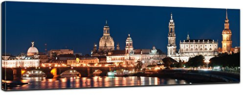 Bilderdepot24 Bild auf Leinwand | Dresden Skyline bei Nacht - Deutschland I in 120x40 cm als Panorama Wandbild XXL | Wand-deko Dekoration Wohnung modern Bilder | 170180
