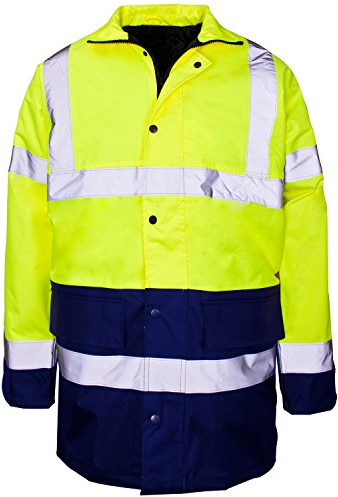 MyShoeStore® Hi Vis Viz High Visibility Parka Jacket Workwear Safety Security Concealed Hood Fluorescent Flashing Hooded Padded ¾ Length Waterproof Work Coat Top Yellow Navy / 2 Tone XXXX-Large