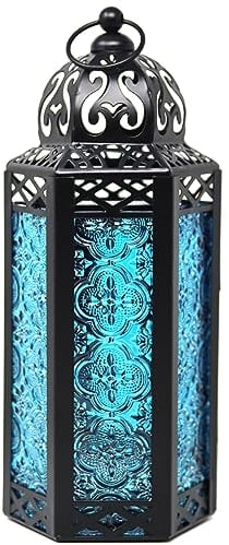 Linterna de Vela marroquí Lámpara Decorativa para Mesa o Colgante, Decoraciones de Ramadán, decoración Interior del hogar, Patio o Porche al Aire Libre, Bodas, Metal Negro, Vidrio Azul, Mediano