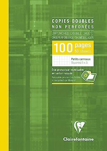 Clairefontaine 5752C Un Étui de Copies Doubles non Perforées - A4 21x29,7 cm - 100 Pages Petits Carreaux - Papier Blanc 90 g - Étui Réutilisable