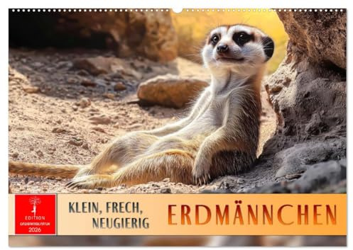 Erdmännchen - klein, frech, neugierig (Wandkalender 2026 DIN A2 quer), CALVENDO Monatskalender: Erleben Sie Wüstenwächter mit ihrem putzigem Charme. (CALVENDO Tiere)