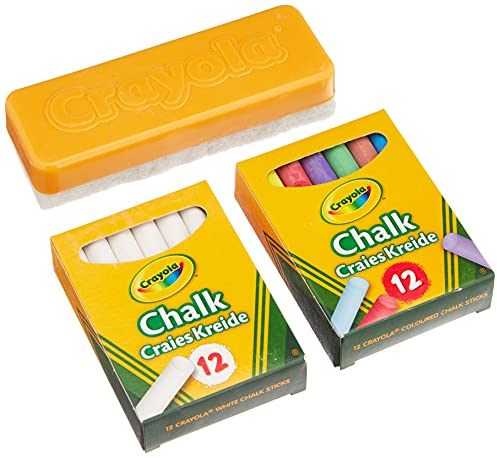 CRAYOLA - Set 24 Gessi Bianchi e Colorati per Lavagna Nera con Cancellino, per Scuola e Casa, 98268