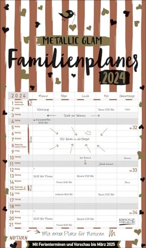 Familienplaner Metallic Glam 2024: Familienkalender, 5 breite Spalten, echter Metallic Glanz. Mit Ferienterminen, Vorschau bis März 2025 und vielem mehr.