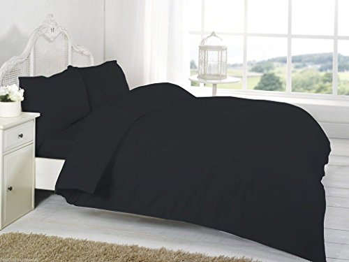 NON IRON Luxury Parcale Plain Dyed Duvet Cover & 2 Pillow Cases Bed Set (Black, Double)