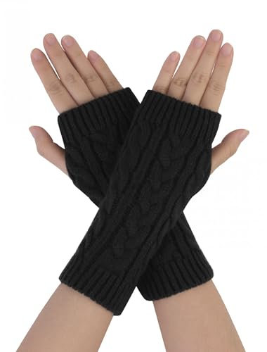 sourcing map Women's Ribbed Wrist Arm Warmers Stretchy Cable Knitted Fingerless Gloves Black One Size