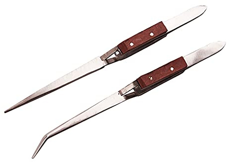 Amtech – Wooden Handle Tweezer Set, Stainless Steel Precision Straight & Curved Tweezers with Ergonomic Timber Grips, 2-Piece Set for Craft, Electronics & Detail Work