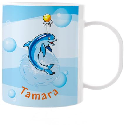 Striefchen® Kindertasse mit Namen aus Kunststoff Tiermotiv Delfin