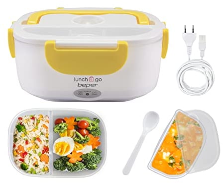 BEPER 90.920G Lunch & Go Scaldavivande Elettrico Portatile con 2 Contenitori Removibili e Posate Incluse, 220V, Giallo