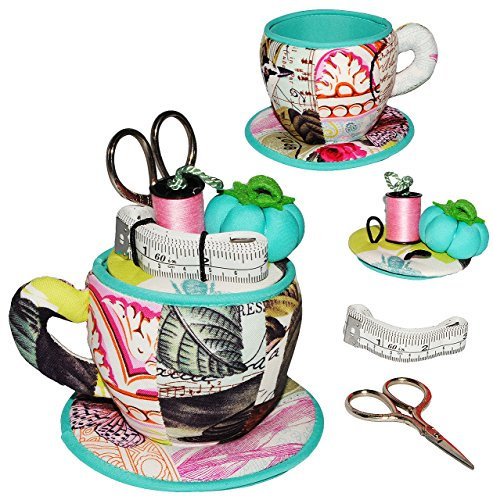 alles-meine.de GmbH gefülltes Näh-Körbchen - Tasse - Vogel & Blumen - türkis - mit Geheimfach und Nadelkissen - Nähzubehör mit Schere, Maßband & Zubehör - Grundausstattung - ..