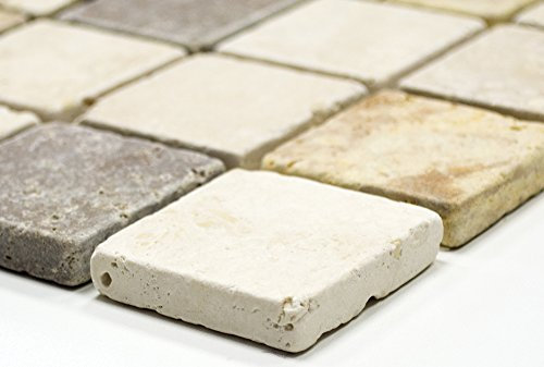 Mosaïque carré de travertin Mix tumbled travertin pierre naturelle de cuisine, format de la pierre de mosaïque : 48 x 48 x 10 mm, dimensions de la feuille : 305 x 305 mm, 1 feuille/tapis