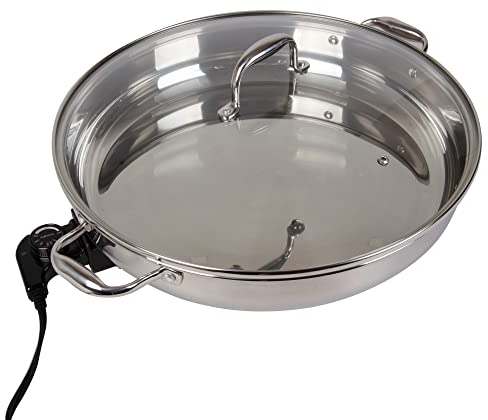 CucinaPro - Sartén eléctrica XL de 16 pulgadas de acero inoxidable 18/10 con tapa de vidrio templado y asa, redonda con sonda de control de temperatura ajustable, portátil, incluye guía de recetas
