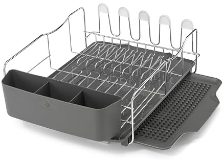 Polder Dish Rack & Tray 4 PC Combo – Advantage System Includes Rack, Drain Tray, Removable Drying Tray & Cutlery Holder – Stainless Steel & Plastic