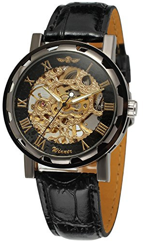 Yoodeet Men's Black Skeleton Dial Hand-Wind Up PU Leather Mechanical Wrist Watch