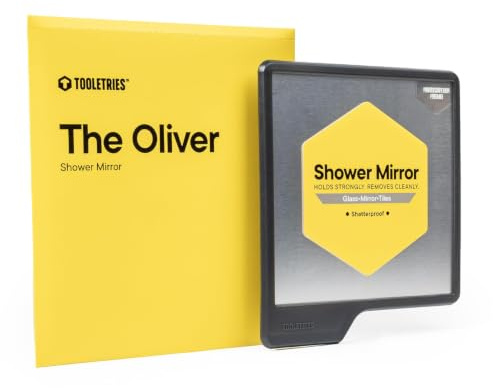 TOOLETRIES Oliver Shower Mirror for Shaving - Charcoal | Fog-resistant shower mirror with a reusable silicone wall grip for secure, suction-free installation.