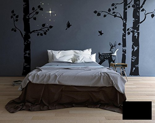 Wandtattoo Wandaufkleber Birken Baum Wald Birkenbäume Reh Vögel Sterne M1629 - ausgewählte Farbe: *Schwarz* - ausgewählte Größe: *XXL - 320cm hoch*
