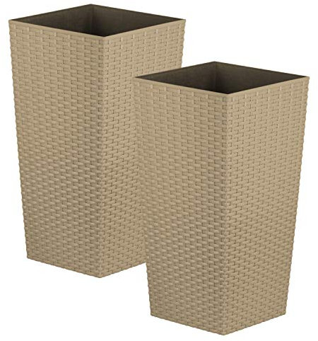 CrazyGadget Tall Square Plastic Rattan Indoor/Outdoor Planters, Set of 2, Beige, 12 Litre