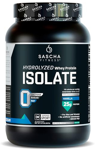 SASCHA FITNESS Proteína Whey Isolate Hidrolizada Grass Fed - Sabor Vainilla - Sin Lactosa, Sin Azúcar, Sin Gluten - Con Enzimas Digestivas y Stevia - Baja en Calorías y Grasa - 957g (29 Servicios)
