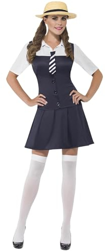 Smiffys Schulmädchen Kostüm, Kleid, angesetztes Hemd, Schlips und Strohhut