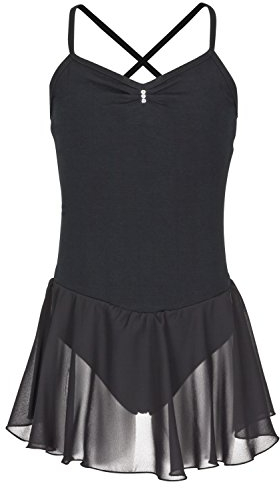 tanzmuster Kinder Ballettkleid Maja - süßer Spaghetti-Träger Ballettbody mit Chiffon Röckchen und Glitzersteinen in schwarz, Größe:140/146