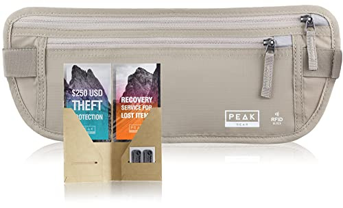 Peak Gear Travel Money Belt. Premium Quality Travel Wallet with RFID Blocking Fabric to Protect Credit Cards, Passports and Documents. Exclusive Theft Protection and 2 Recovery Tags | Beige