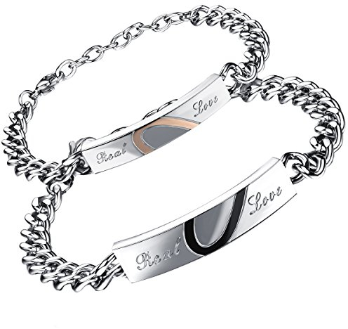 Flongo 2 Stück Partner Armband Armkette, Edelstahl Armband Armreif Partnerarmbänder Link Handgelenk Silber Schwarz Rose Gold mit Real Love Gravur Herz Puzzle Panzerkette Kette Herren,Damen