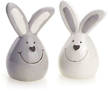 TEMPELWELT 2X Deko Figur Hase Osterhase Ei im Set je 8 cm, Keramik grau weiß Landhausstil, Dekofigur Frühling Ostern Osterdeko Keramikhase