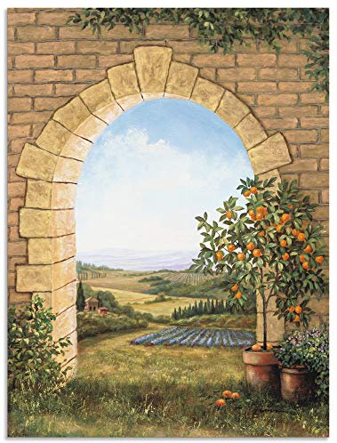 ARTland Wanddeko Wandbild Alu für Innen & Outdoor Metall Bild 60x80 cm Fensterblick Toskana Landschaft Italien Natur Malerei Torbogen Felder T4CJ