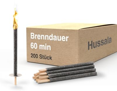 Hussala Diamond Wachsfackeln [200 Stück / 60 min] mit Holzstab und Tropschutz, Garten Fackeln aus Diamond-Wachs
