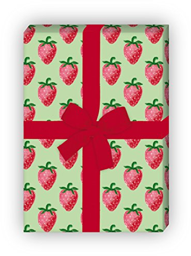 Kartenkaufrausch 4 Bögen - Leckeres Sommer Geschenkpapier Set mit Erdbeeren als edle Geschenk Verpackung, Musterpapier, Dekorpapier zum basteln 32 x 48cm, auf grün