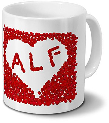 Tasse mit Namen Alf - Motiv Rosenherz - Namenstasse, Kaffeebecher, Mug, Becher, Kaffeetasse - Farbe Weiß