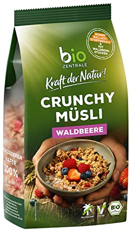 biozentrale Müsli Crunchy Waldbeere | 375 g Bio Müsli | Ideal fürs Frühstück und den Müslibecher 2 go | Alternative zum Müsliriegel