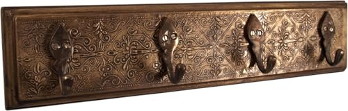 Vintage Wandhaken mit Messingverzierungen, Indische Garderobenleiste | Dekorative Hakenleiste aus Holz und Metall, handgefertigt, vielseitig einsetzbar, Eyecatcher für jeden Raum.