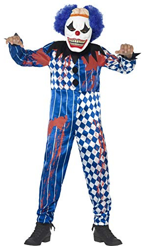 Smiffys Deluxe Sinister Clown Costume, Blue with Jumpsuit, EVA Mask, Attached Brain & Hair, Halloween Child Fancy Dress, Clown Dress Up Costumes