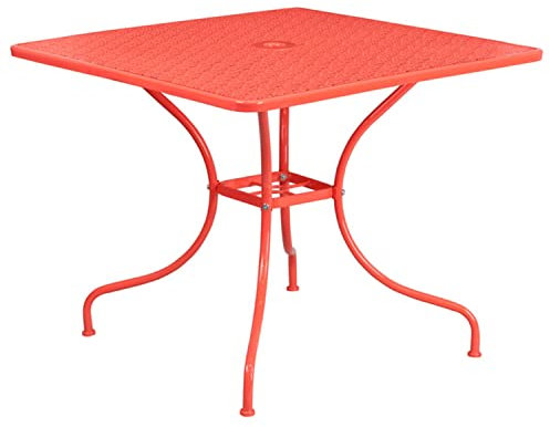 Flash Furniture Oia Terrassentisch mit Schirmloch, quadratisch, für drinnen und draußen, Stahl, 90,2 cm, Koralle