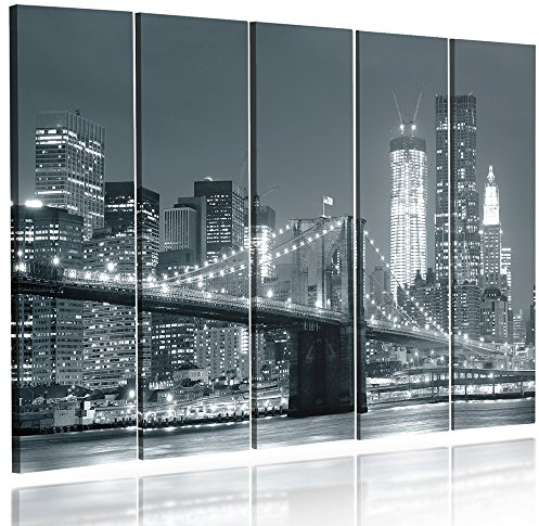 Feeby Frames, Cuadro en Lienzo - 5 Partes - Cuadro impresión, Cuadro decoración, Canvas Tipo C, 100x70 cm, Puente, Ciudad, Noche, Nueva York, Puente Brooklyn, Blanco Y Negro