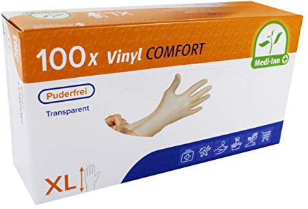 Medi-Inn+ Vinyl puderfrei Einmalhandschuhe Größe XL | 100 Stück | Vinylhandschuhe transparent in praktischer Spenderbox