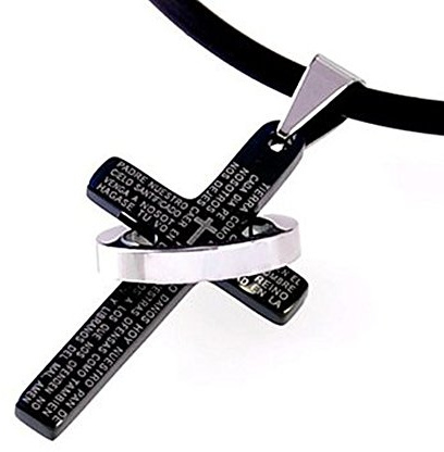 DonDon Kautschuk Halskette mit schwarzem Kreuz und Edelstahlring Anhänger in Samtbeutel