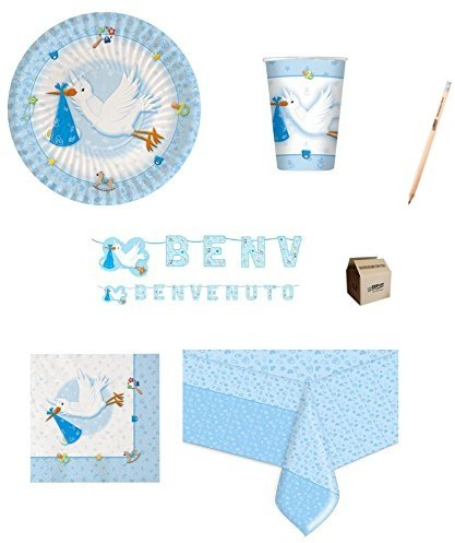 IRPot - Kit N 13 Coordinato TAVOLA Benvenuto Cicogna Celeste Nascita Bambino