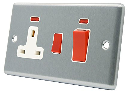 AET CSCCC2NWH Satin Chrome Classical Control Unit w White Insert-2-Gang 45A Cooker 13A Switched Plug Socket and Neon Indicators, 240 V