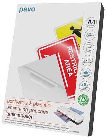 Pavo - Laminierfolien Format A4, 2 x 75 micron, 100-er Pack, Glanz, Schnelle Laminierung