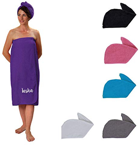 axtex Personalised Elasticated Sarong and Towelling Hair Turban Set, Towelling Sarong Wrap and Hair Wrap Gift Set, Towelling Cover Up - Purple