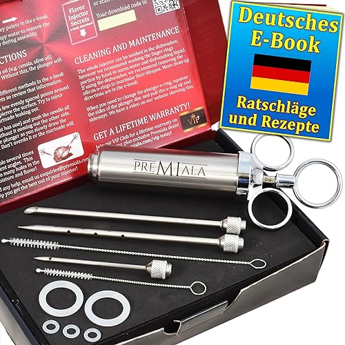 Premiala 304 Edelstahl Marinadenspritze – mit Marinadenstroh! 4 Nadeln, O-Ringe, Ebook, Ersatzteile verfügbar! Der originale 60ml Bratenspritze sorgt für den saftigsten Truthahn und BBQ aller Zeiten!