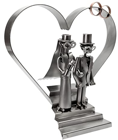 STEEMO Schraubenmännchen Hochzeit Hochzeitspaar Figur - Brautpaar Hochzeits-Geschenk Metall-Kunst Deko Herz, Stahl, grau 31x16x31 cm